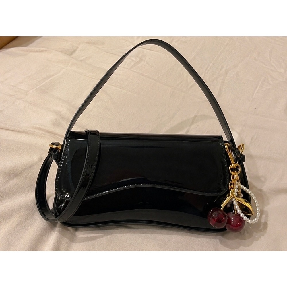 Black Patent Faux Leather Shoulder Bag Asymmetrical Flap Cherry Pearl Charm
